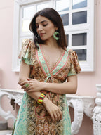 Sea Green Rayon Foil Printed Long Dress - Michan - Distacart