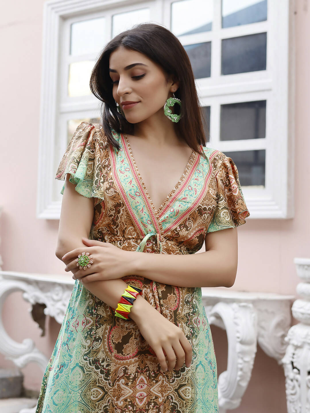 Sea Green Rayon Foil Printed Long Dress - Michan - Distacart