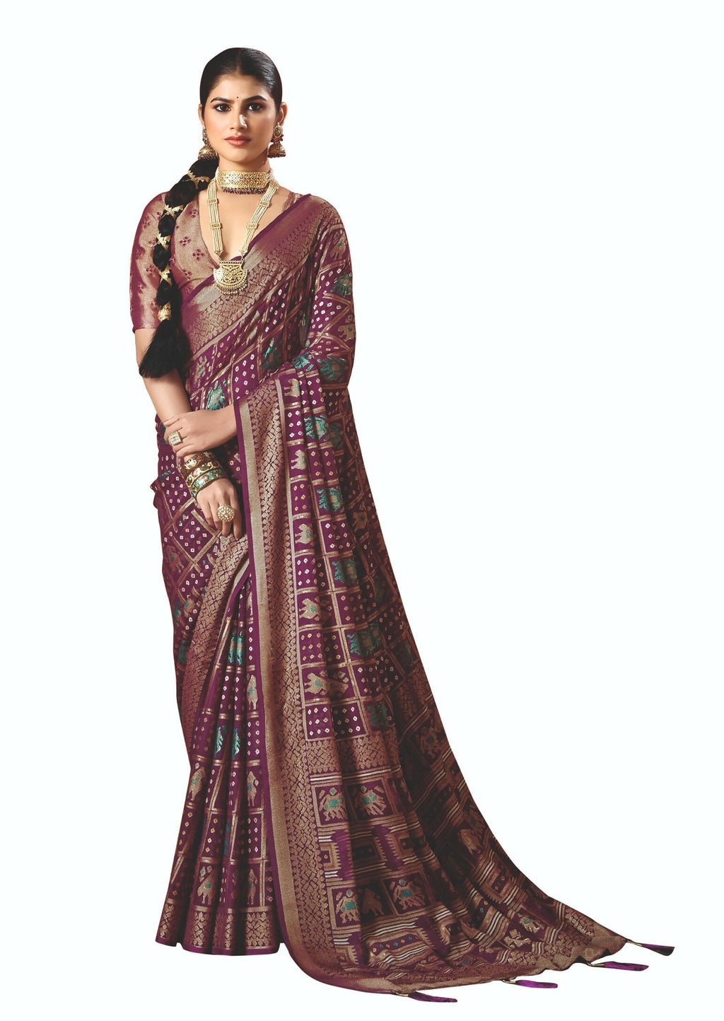 Joban Fashion Wine Dull Moss Brasso Saree - Distacart
