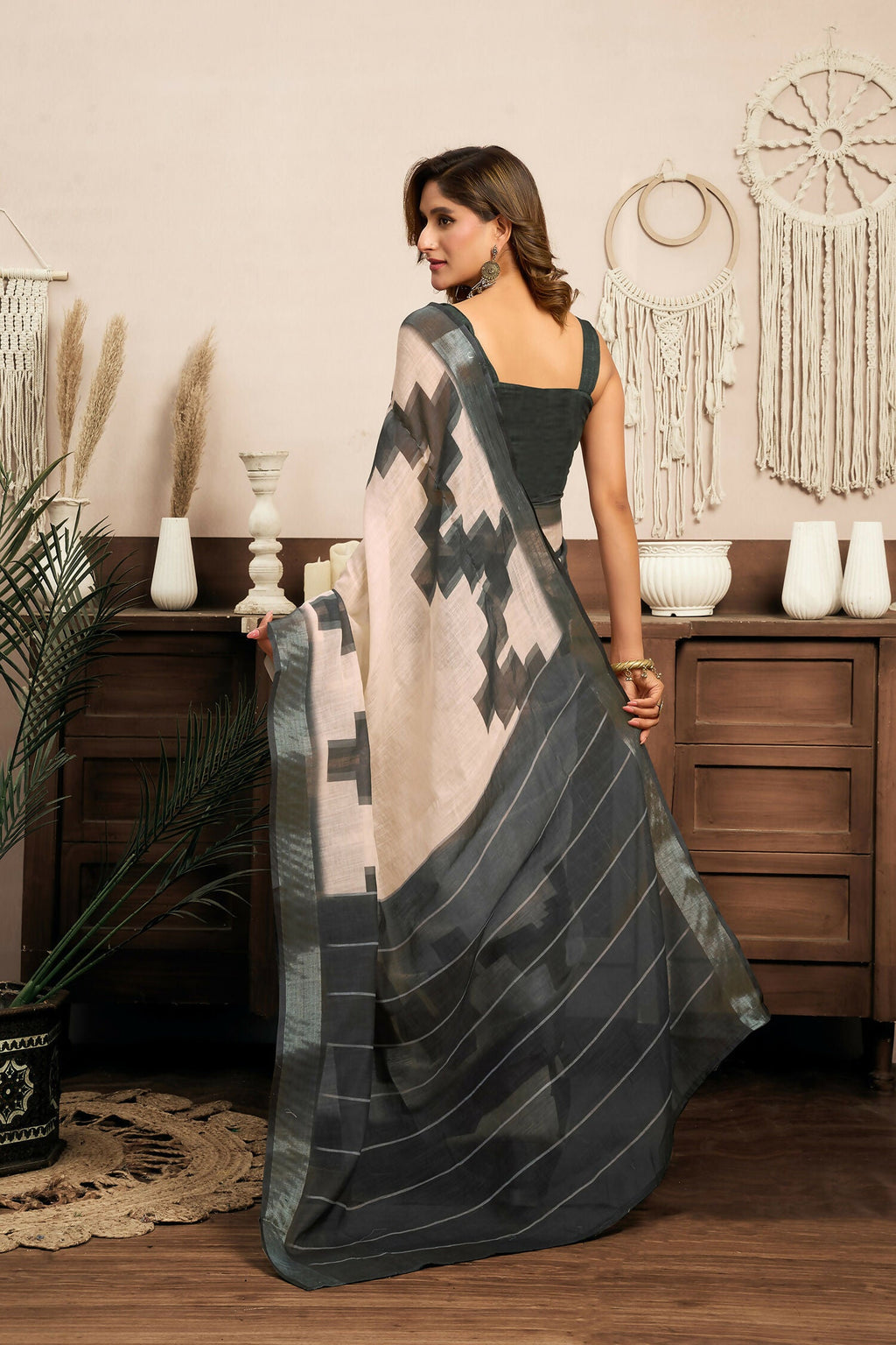 Joban Fashion White & Grey Ethnic Motifs Linen Ready To Wear Saree With Unstitched Blouse - Distacart