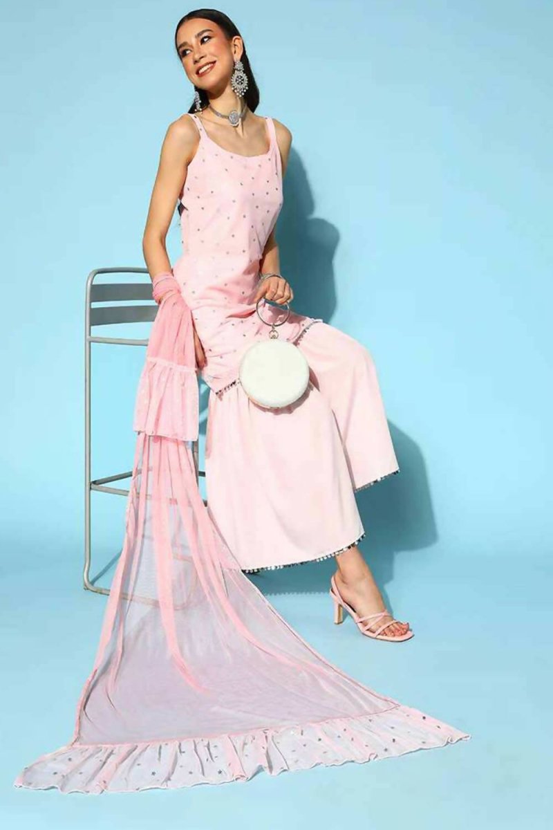 Ahalyaa Women Pink Colour Crepe Silver Foil Printed Kurta Sharara Set - Distacart
