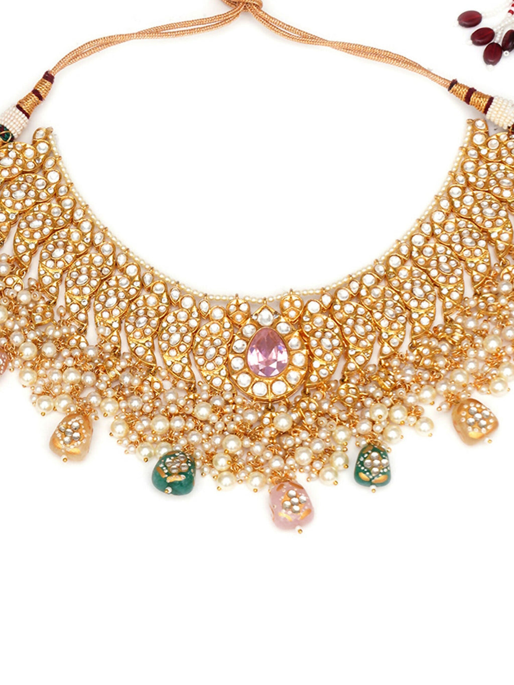 Kundan Choker with Matching Earrings & Maang Tikka Jewellery Set (Gold) - Ruby Raang