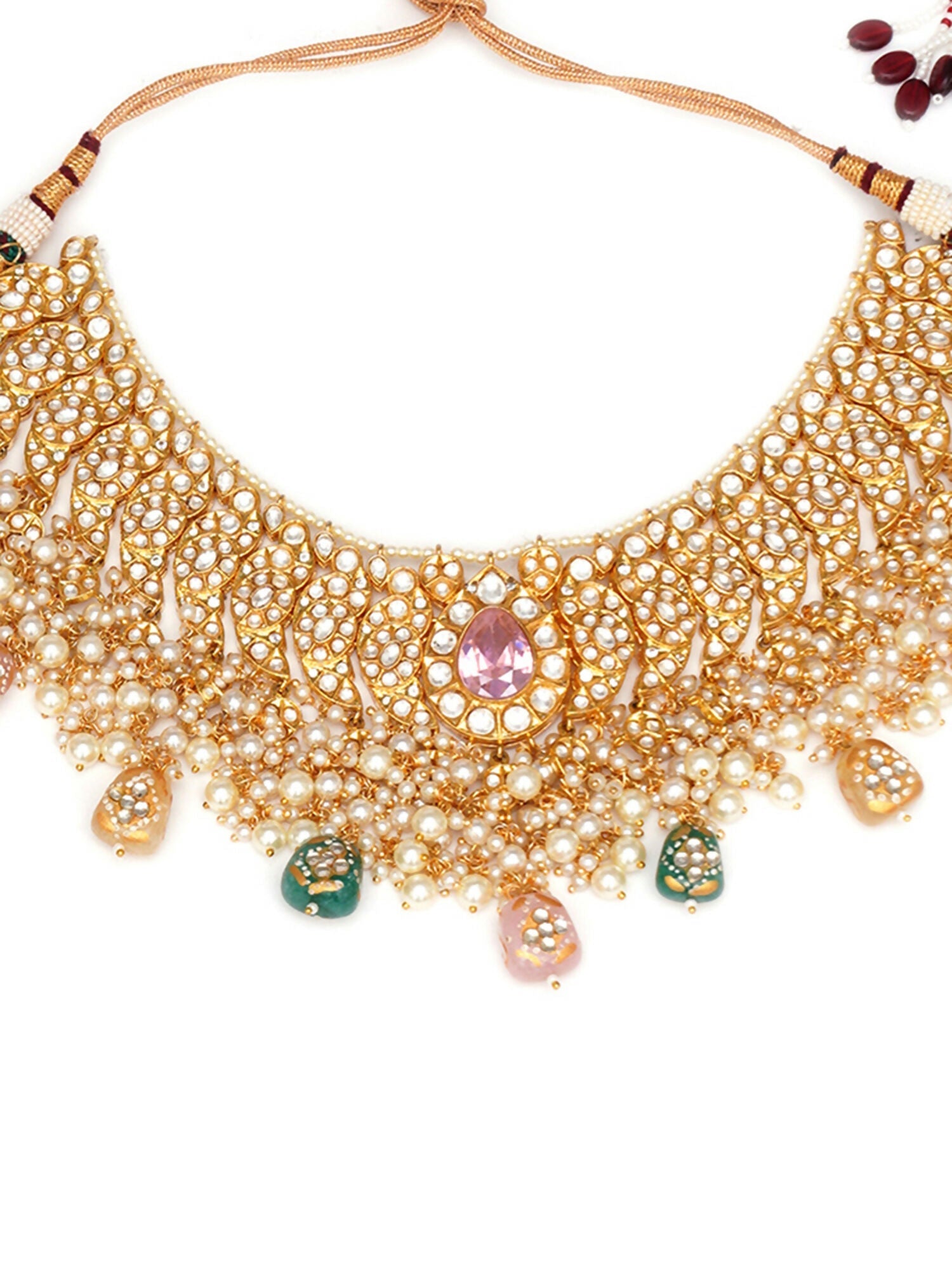 Kundan Choker with Matching Earrings & Maang Tikka Jewellery Set (Gold) - Ruby Raang