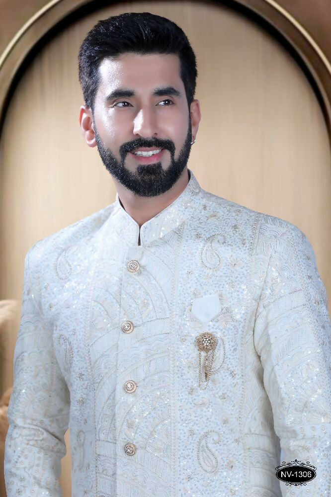 Joban Fashion Men's White Base Silk Kurta with Pyjama