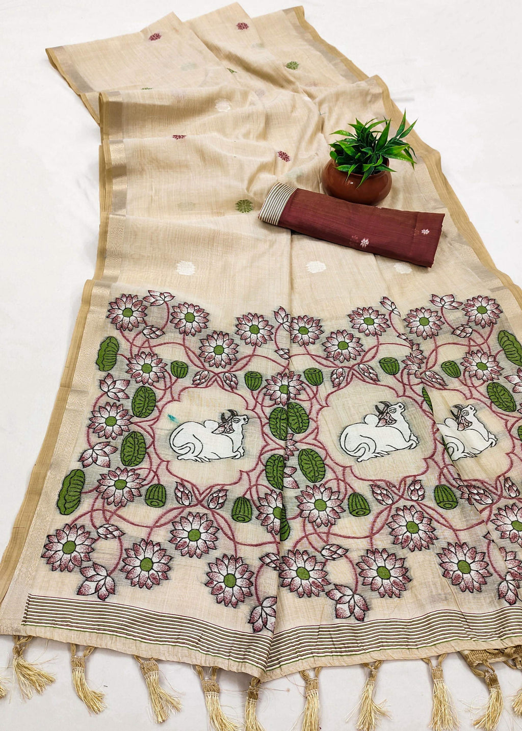 Vastranavya Cream Muga Cotton Meenakari & Azarakh Pallu Saree with Contrast Blouse - Distacart