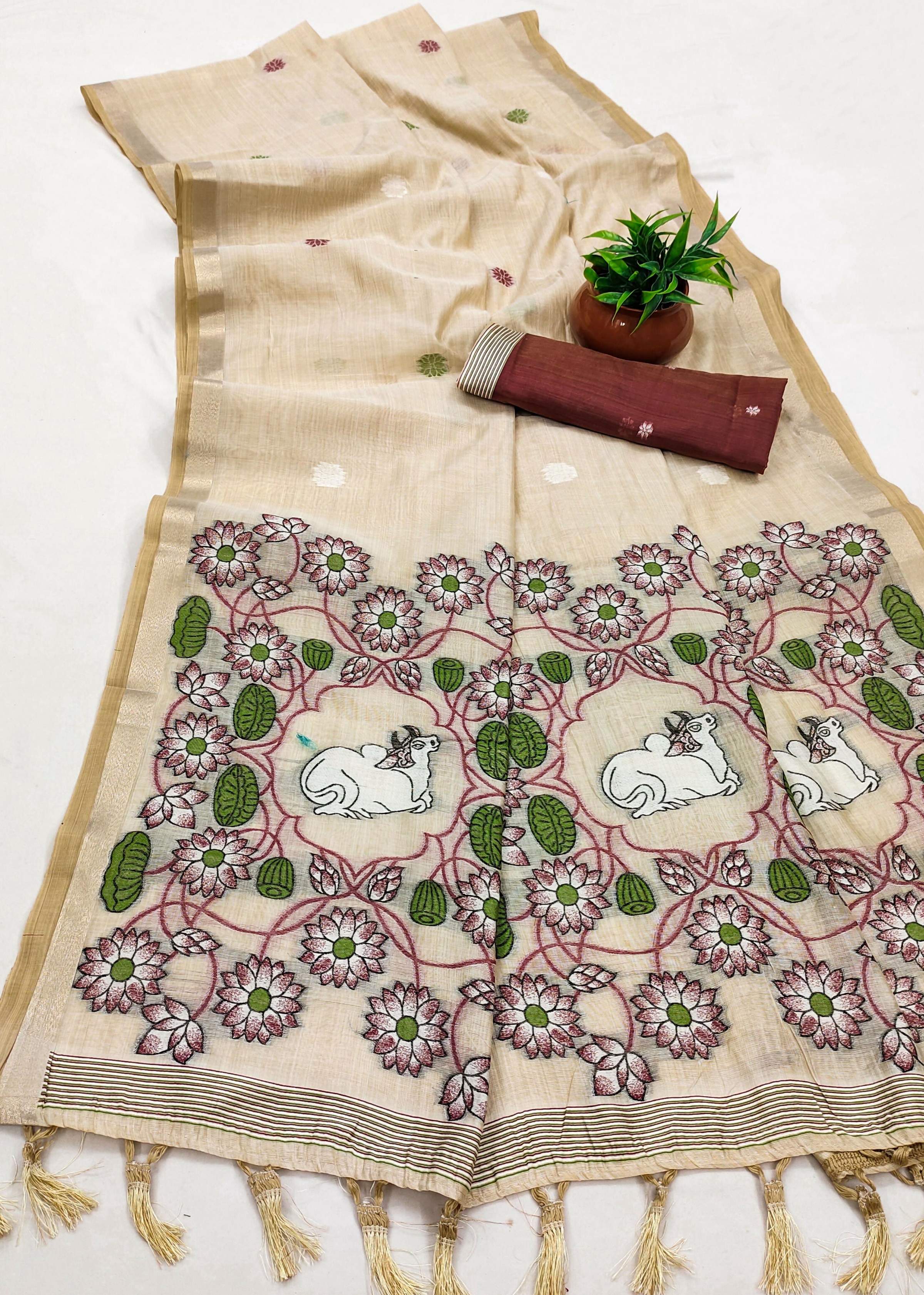 Vastranavya Cream Muga Cotton Meenakari & Azarakh Pallu Saree with Contrast Blouse - Distacart