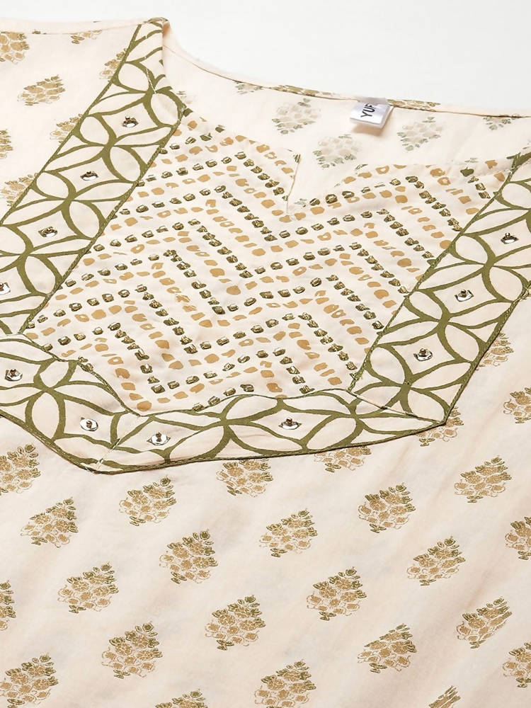 Yufta Women Beige & Green Ethnic Motifs Printed Cotton Kurta with Trouser With Dupatta