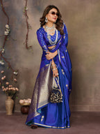 Joban Fashion Royal Blue Floral & Botanical Motifs Satin Silk Banarasi Silk Saree - Distacart