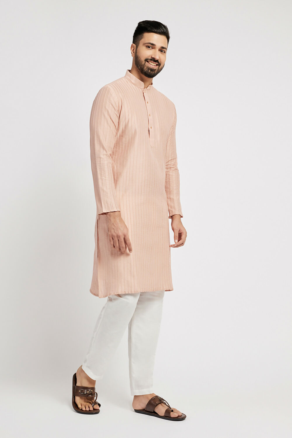 Ethnic India Pink Men's Kurta Striped Polyester
