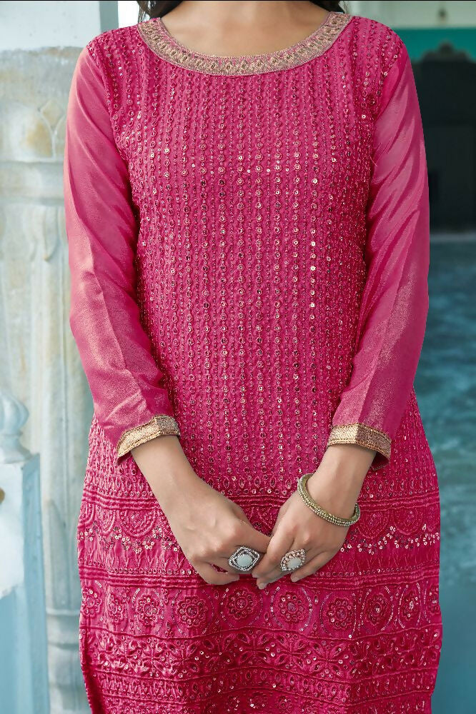 Teeya Creation Pink Colour Chinnon Silk Heavy Embroidery Work Fully Stitched Salwar Suit - Distacart