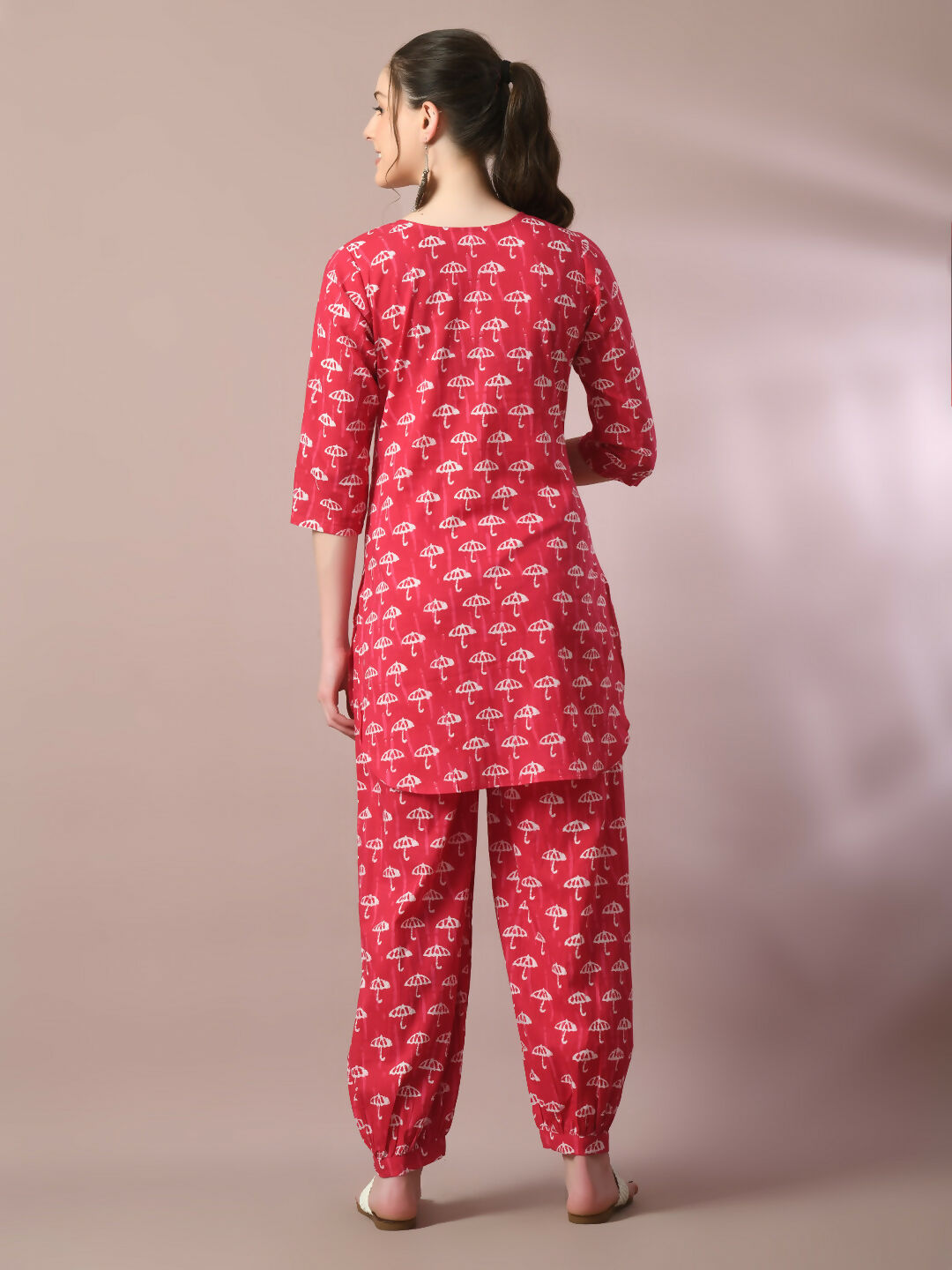 Myshka Women's Pink Printed Cotton Round Neck Party Tunic With Trousers Co-ord set