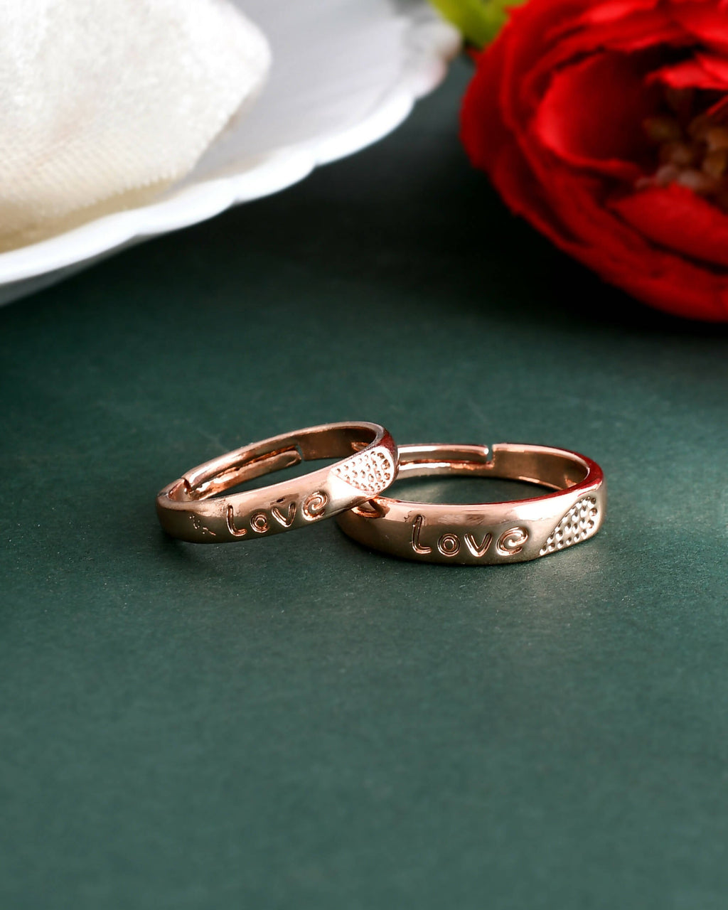 VOJ Stainless Steel Cubic Zirconia Gold-Polished Adjustable Couple Ring Set
