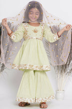 Little Bansi Floral Embroidery Jacket With Cotton Lurex Frock Sharara And Dupatta With Ghungroo Handwork - Bottle Green