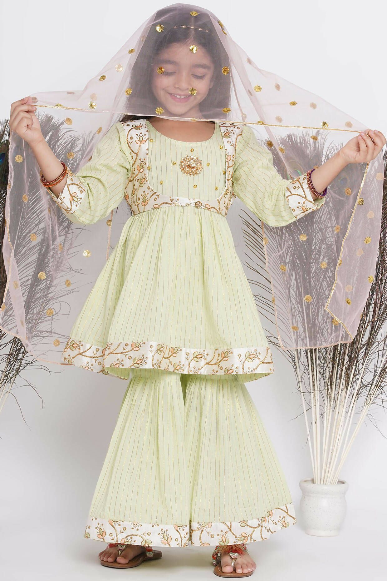 Little Bansi Floral Embroidery Jacket With Cotton Lurex Frock Sharara And Dupatta With Ghungroo Handwork - Bottle Green