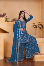 Teeya Creation Blue Color Faux Georgette Embroidery Work Wedding Wear Palazzo Set - Distacart