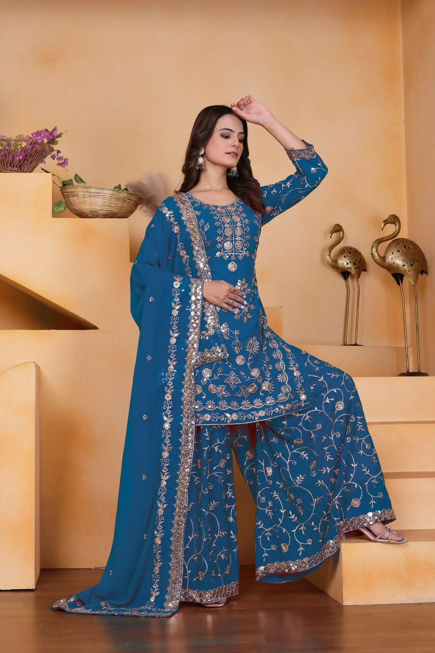 Teeya Creation Blue Color Faux Georgette Embroidery Work Wedding Wear Palazzo Set - Distacart