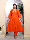 Miravan Women's Orange Cotton Embroidered A-Line Style Kurta And Palazzo