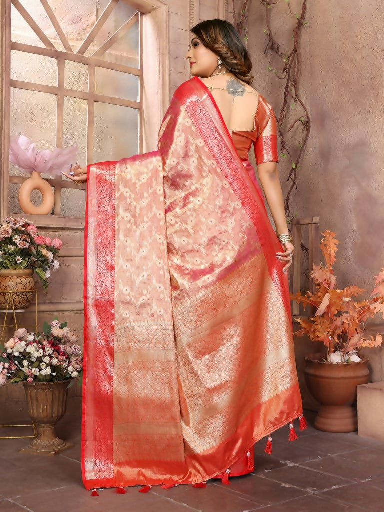 Anaita Pink Tissue Silk With Zari Weaving Saree With Blouse