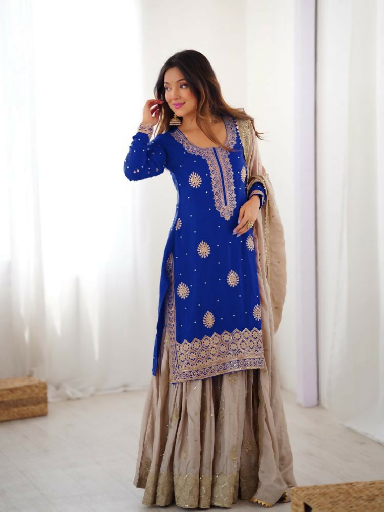 Lehenga Mart Designer Sharara Suit With Kurta, Sharara, Dupatta For Women-Blue - Distacart