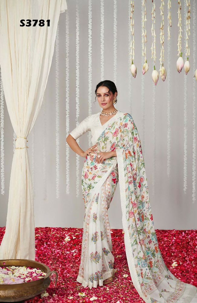 Off White Bright Moss Designer Digital Printed Party Wear Saree - Be Verly