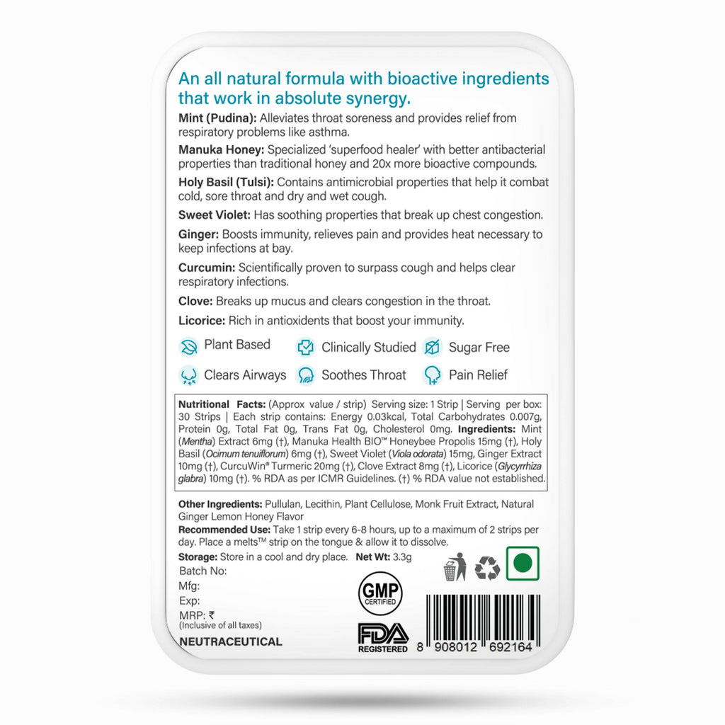 Wellbeing Nutrition Melts instant Throat Relief Oral Strips-Soothing Ginger Lemon Honey Flavor - Distacart