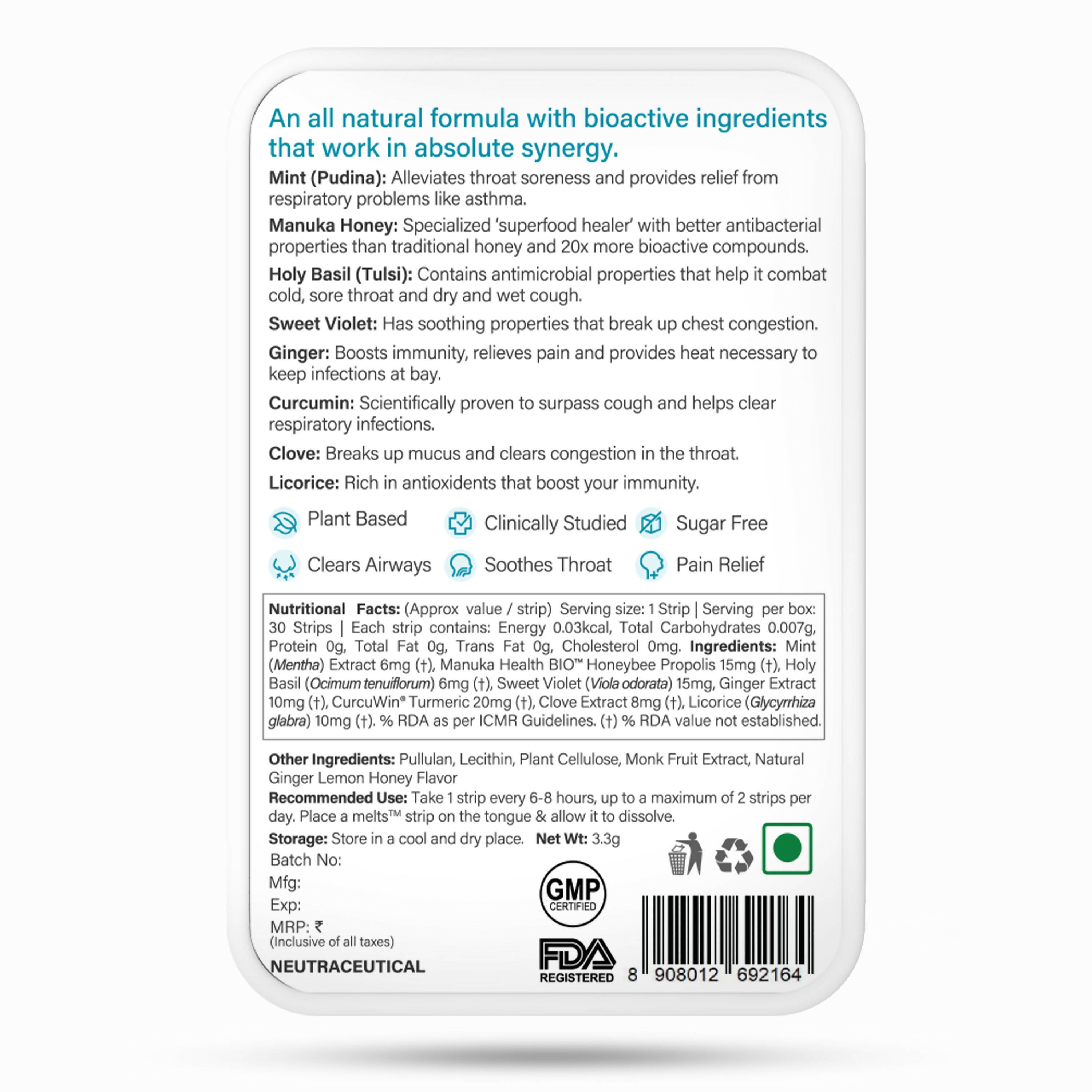 Wellbeing Nutrition Melts instant Throat Relief Oral Strips-Soothing Ginger Lemon Honey Flavor - Distacart