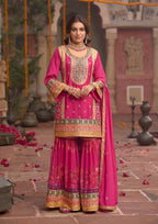 Anaita Rani-Pink Chinon Readymade Palazzo Suit with Codding Dori & Sequence Work - Distacart