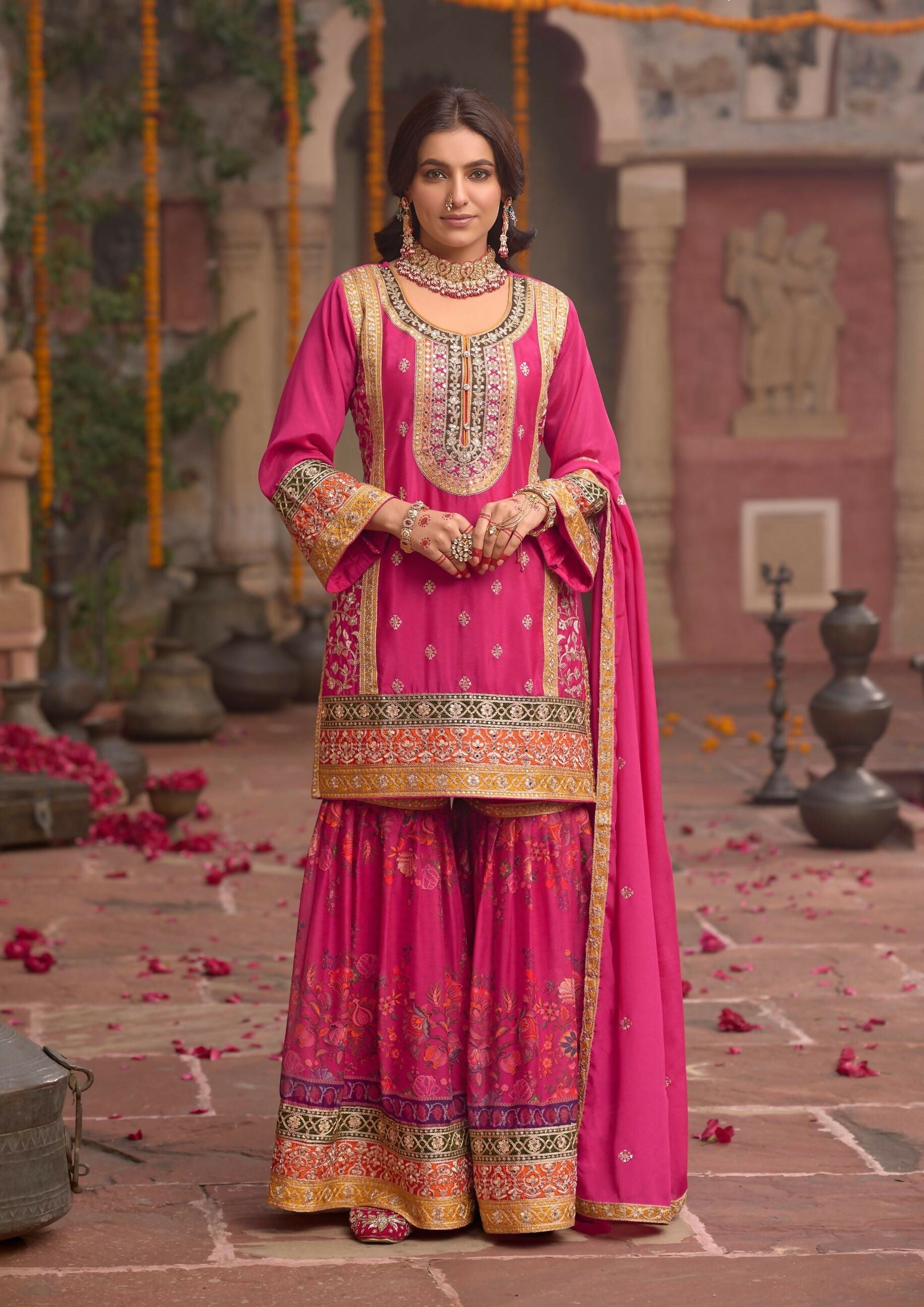 Anaita Rani-Pink Chinon Readymade Palazzo Suit with Codding Dori & Sequence Work - Distacart