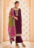 Dazzling Wine Embroidered Chinnon Palazzo Salwar Kurta - Emponline