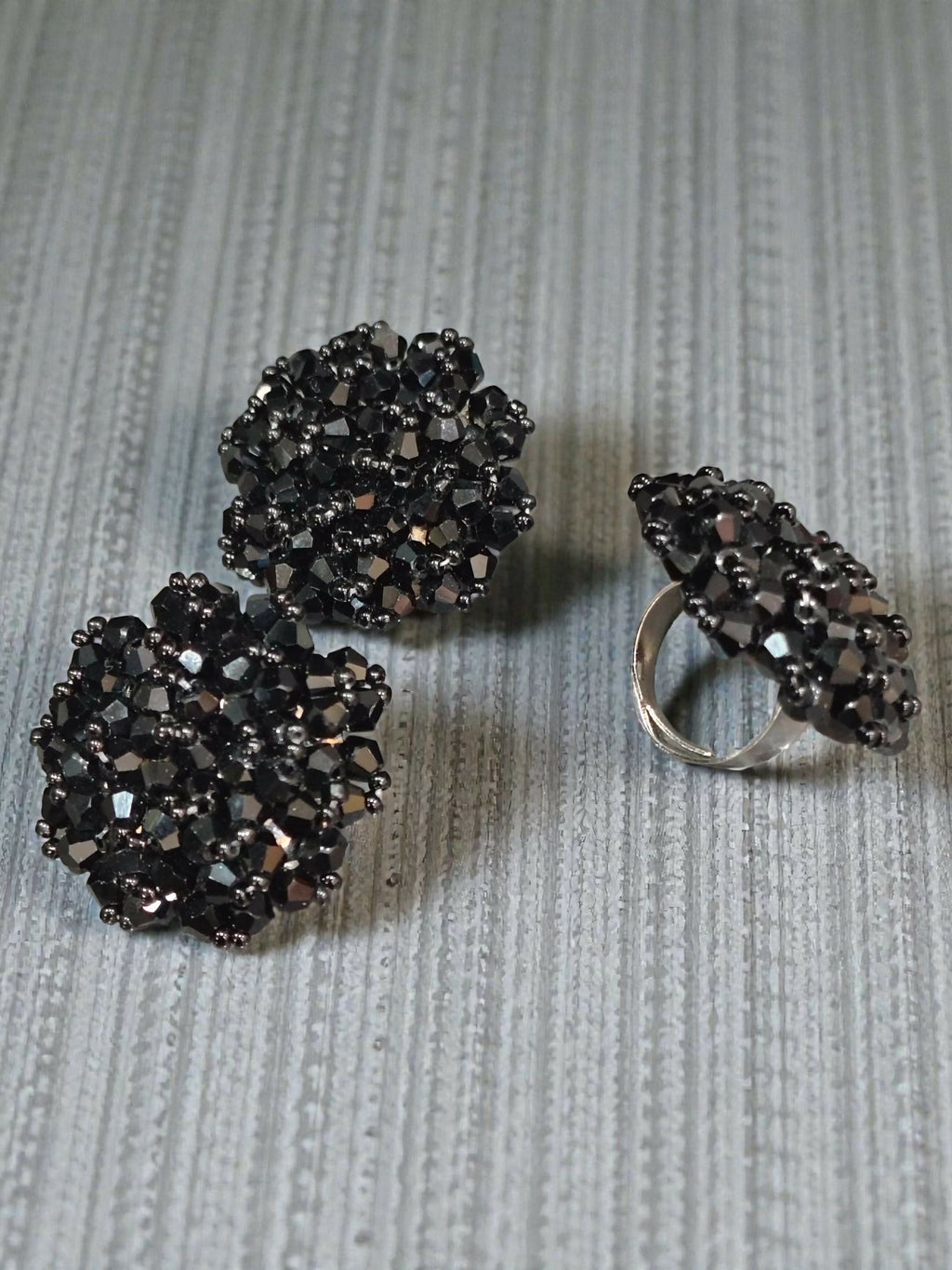 Inhanns Rangmani Crystal Duo – Adjustable Ring + Statement Earrings Set - Black - Distacart