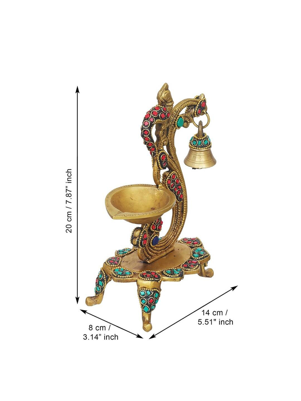 eCraftIndia Gold Toned Peacock Shaped Traditional Brass Diya With Bell & Stand