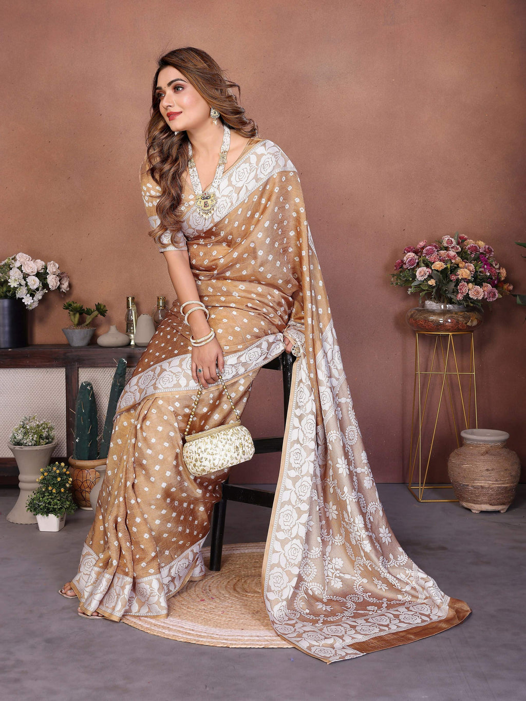 Aastha Fashion Light Brown Viscose Silk Handmade Original Bandhej Saree - Distacart