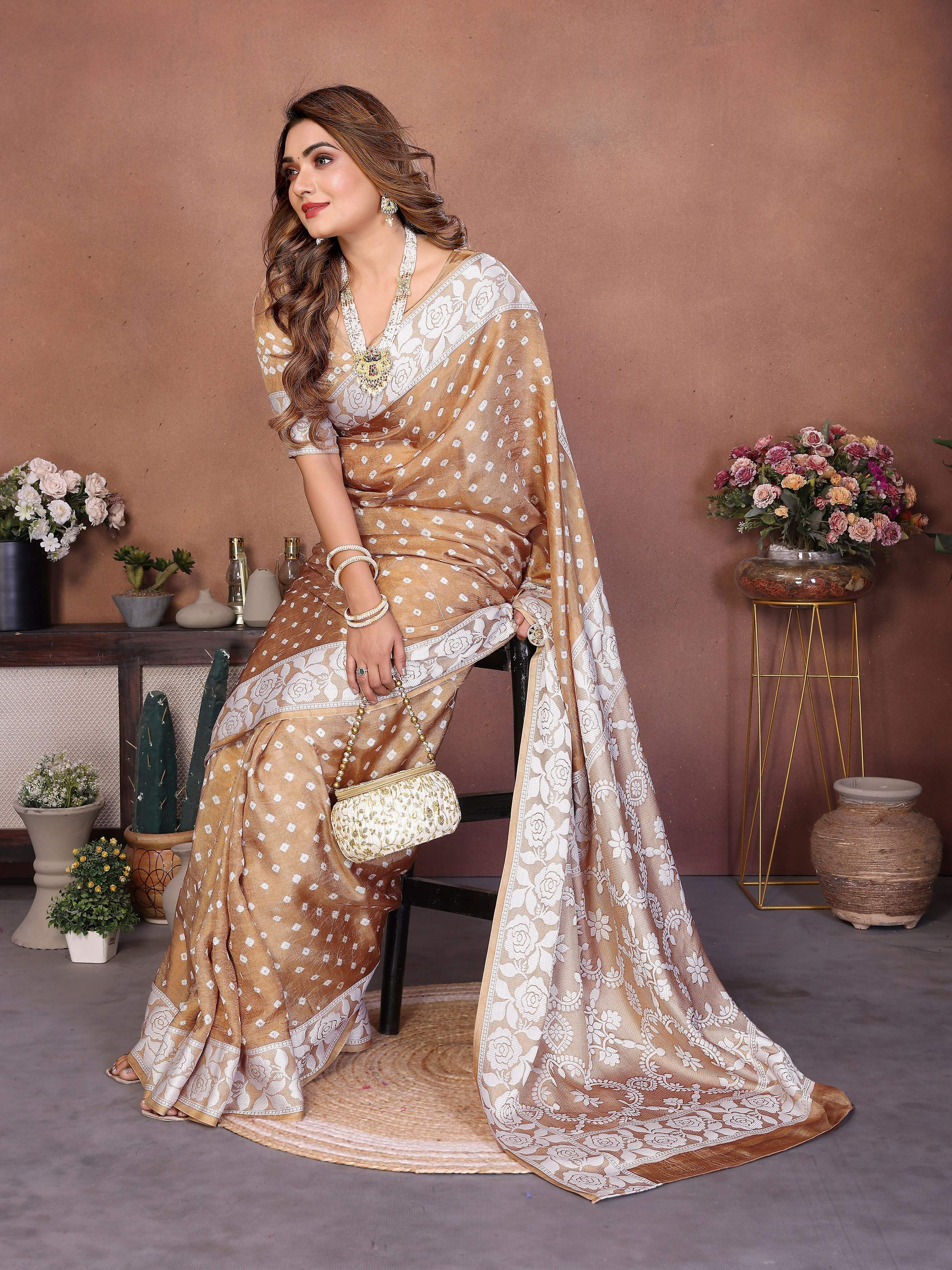 Aastha Fashion Light Brown Viscose Silk Handmade Original Bandhej Saree - Distacart