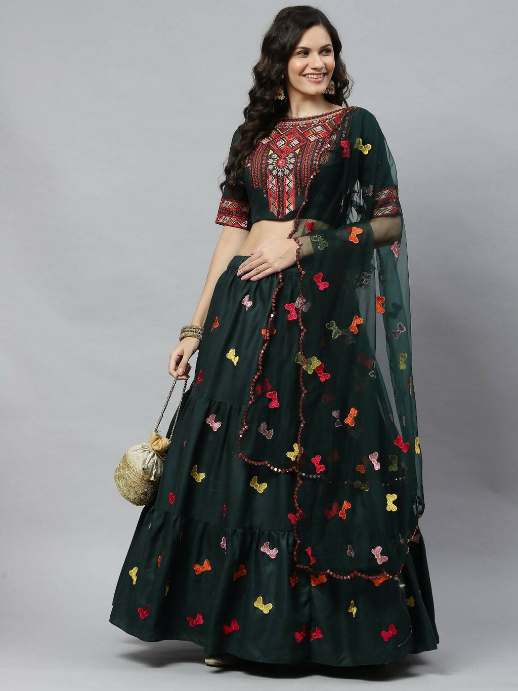 Dark Green Cotton Embroidered Work Lehenga Choli with Dupatta - Jivika