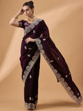 Purple Silk Embroidered Saree with Unstitched Blouse Piece - Satya