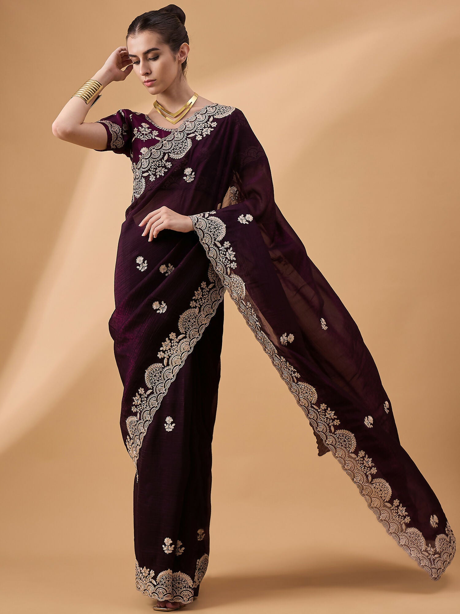 Purple Silk Embroidered Saree with Unstitched Blouse Piece - Satya