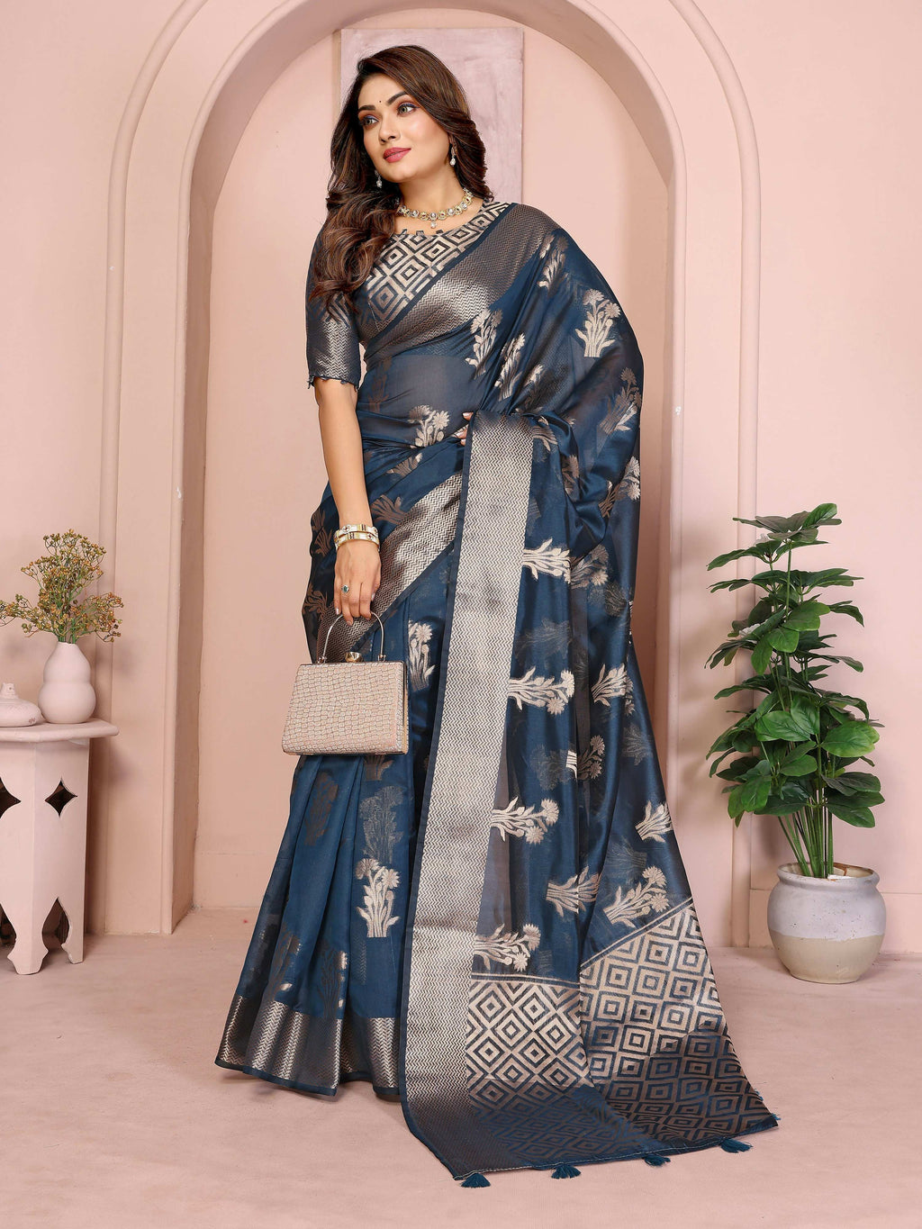 Aastha Fashion Teal Soft Organza Silk Weaving Saree - Distacart