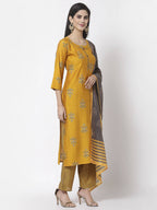 Myshka Mustard Viscose Printed 3/4 Sleeve Round Neck Kurta Pant Dupatta Set