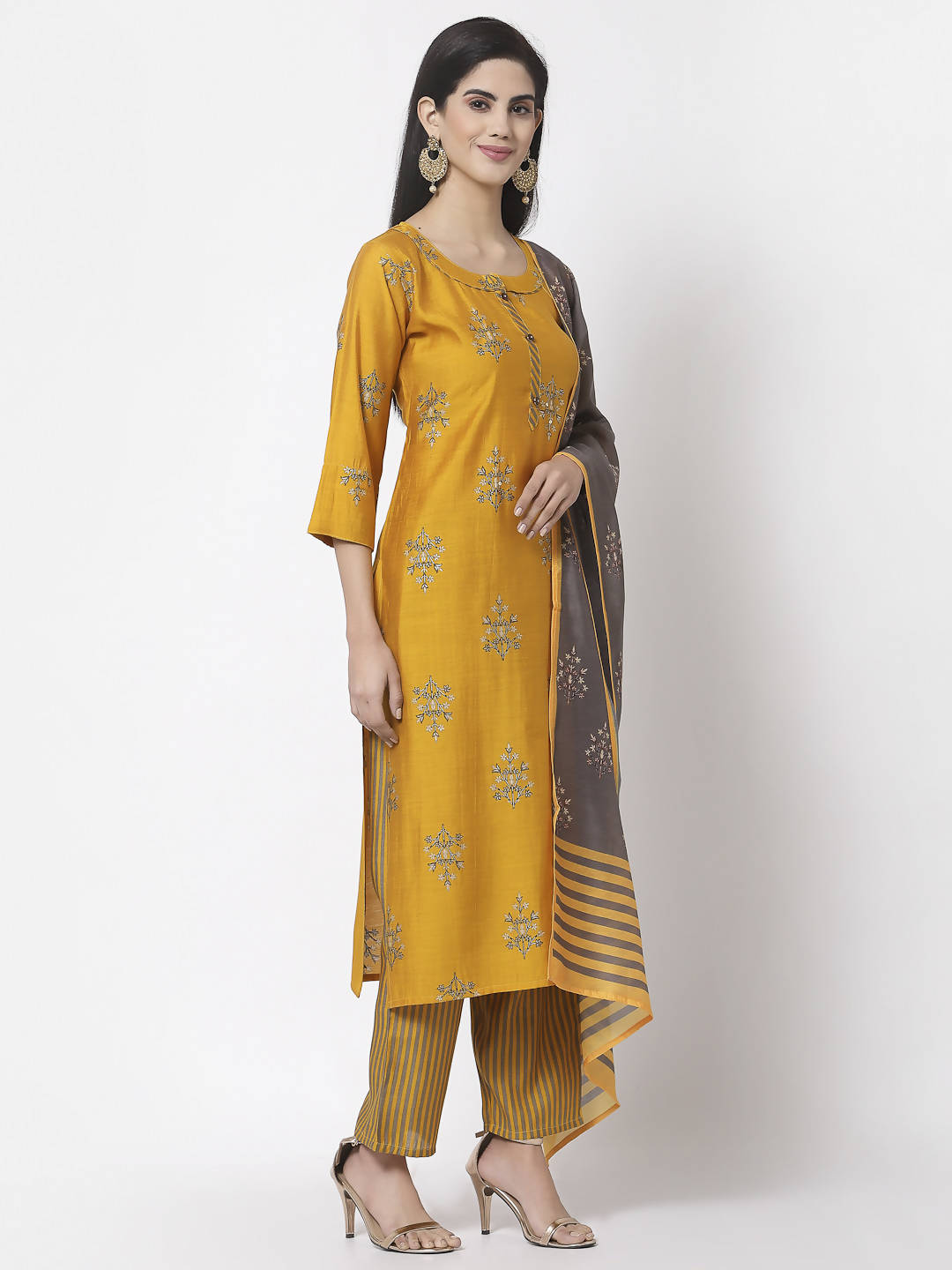 Myshka Mustard Viscose Printed 3/4 Sleeve Round Neck Kurta Pant Dupatta Set