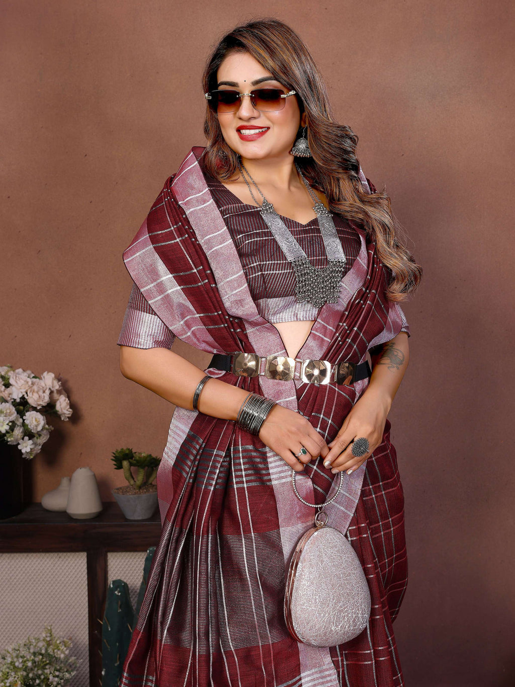 Aastha Fashion Red Linen Weaving Saree - Distacart