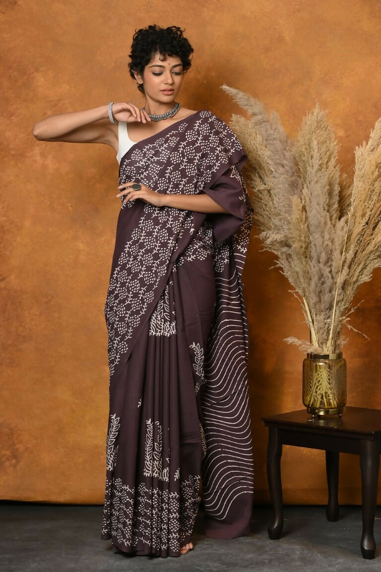 Very Much Indian Handblock Printed Cotton Saree With Natural Dyes - Brown - Distacart