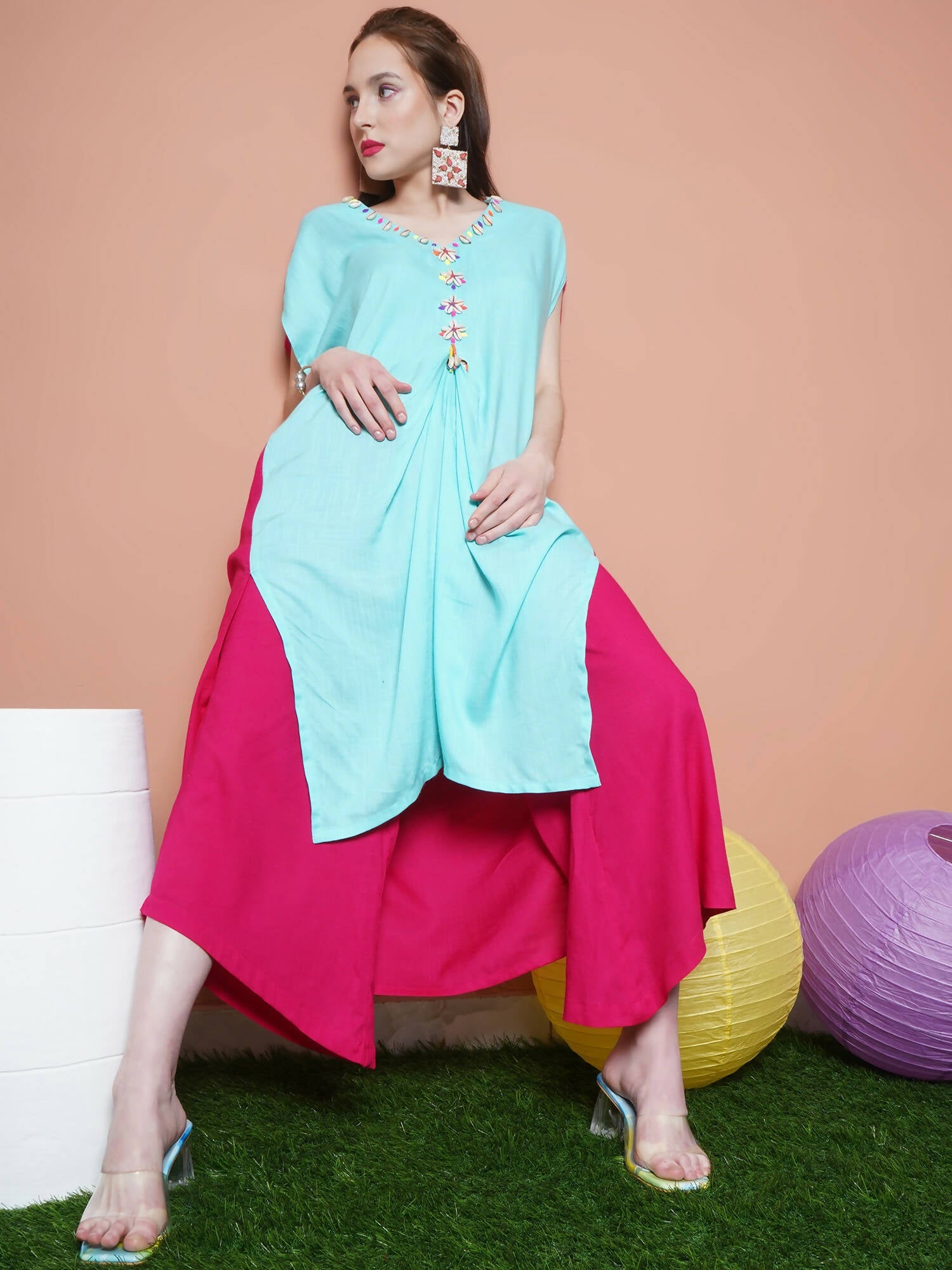 Women Republic Blue And Pink Assyemtrical Kurta Set - Distacart