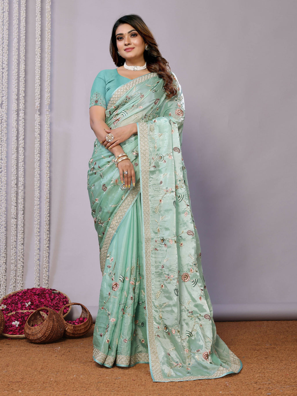 Blue Satin Silk Embroidered Saree With Stitched Blouse - Nimaya Kaksha