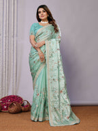 Blue Satin Silk Embroidered Saree With Stitched Blouse - Nimaya Kaksha