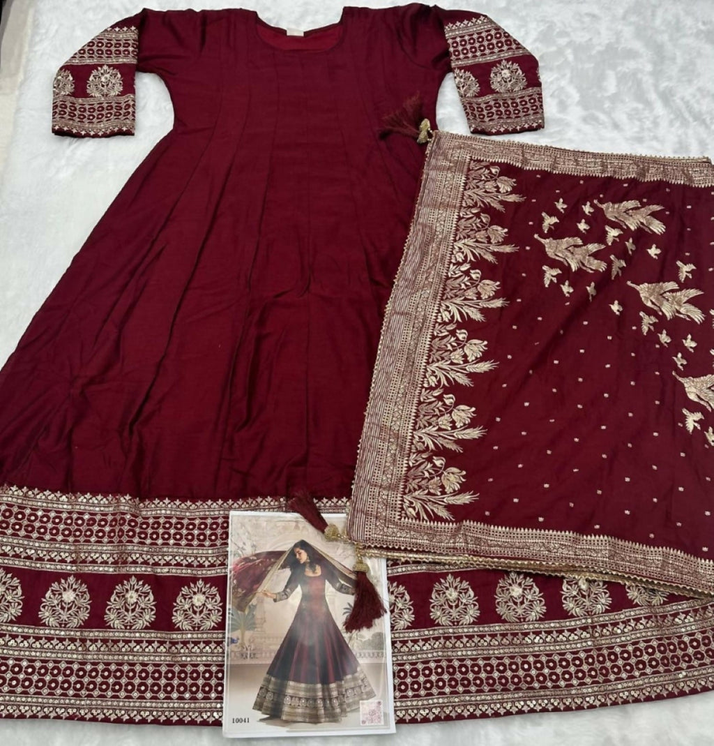 Anaita Maroon Vichitra Silk Anarkali Suit with Embroidery Sequins - Distacart