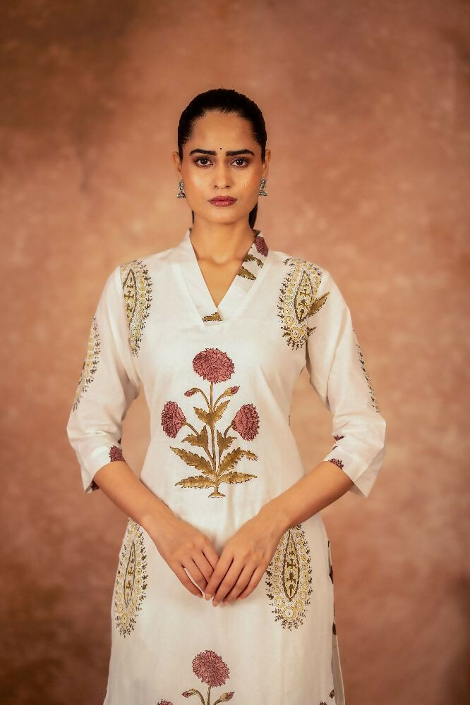 Joban Fashion Off White Red Floral Hand Block Printed Cotton Kurta Pant Set - Distacart
