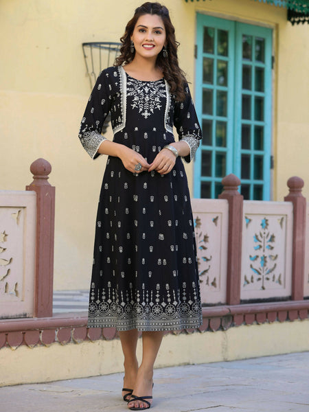 Juniper Women's Black Printed Anarkali Flared Dress