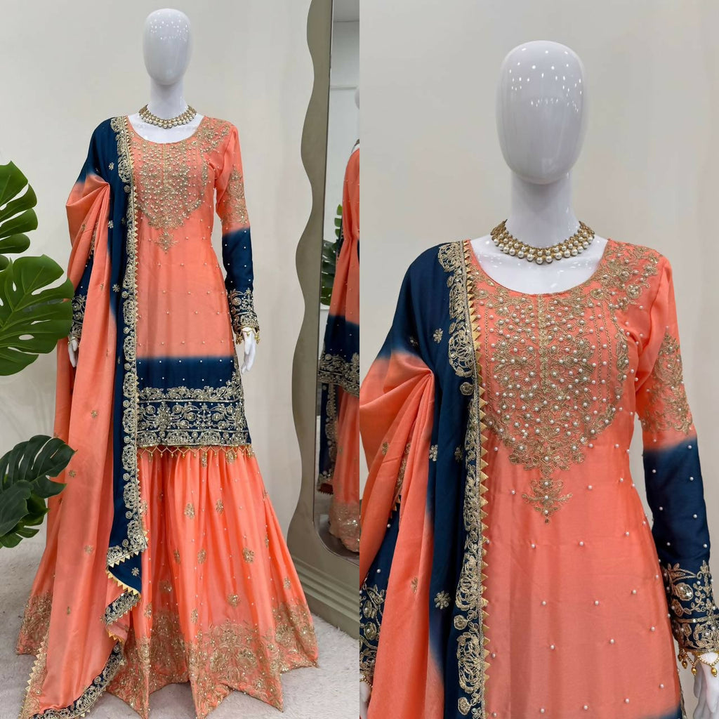 The52 Women's Beautiful Chinon silk Fabric Embroidery Work Straight Kurta Palazzo and Dupatta Set - Distacart
