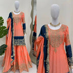 The52 Women's Beautiful Chinon silk Fabric Embroidery Work Straight Kurta Palazzo and Dupatta Set - Distacart