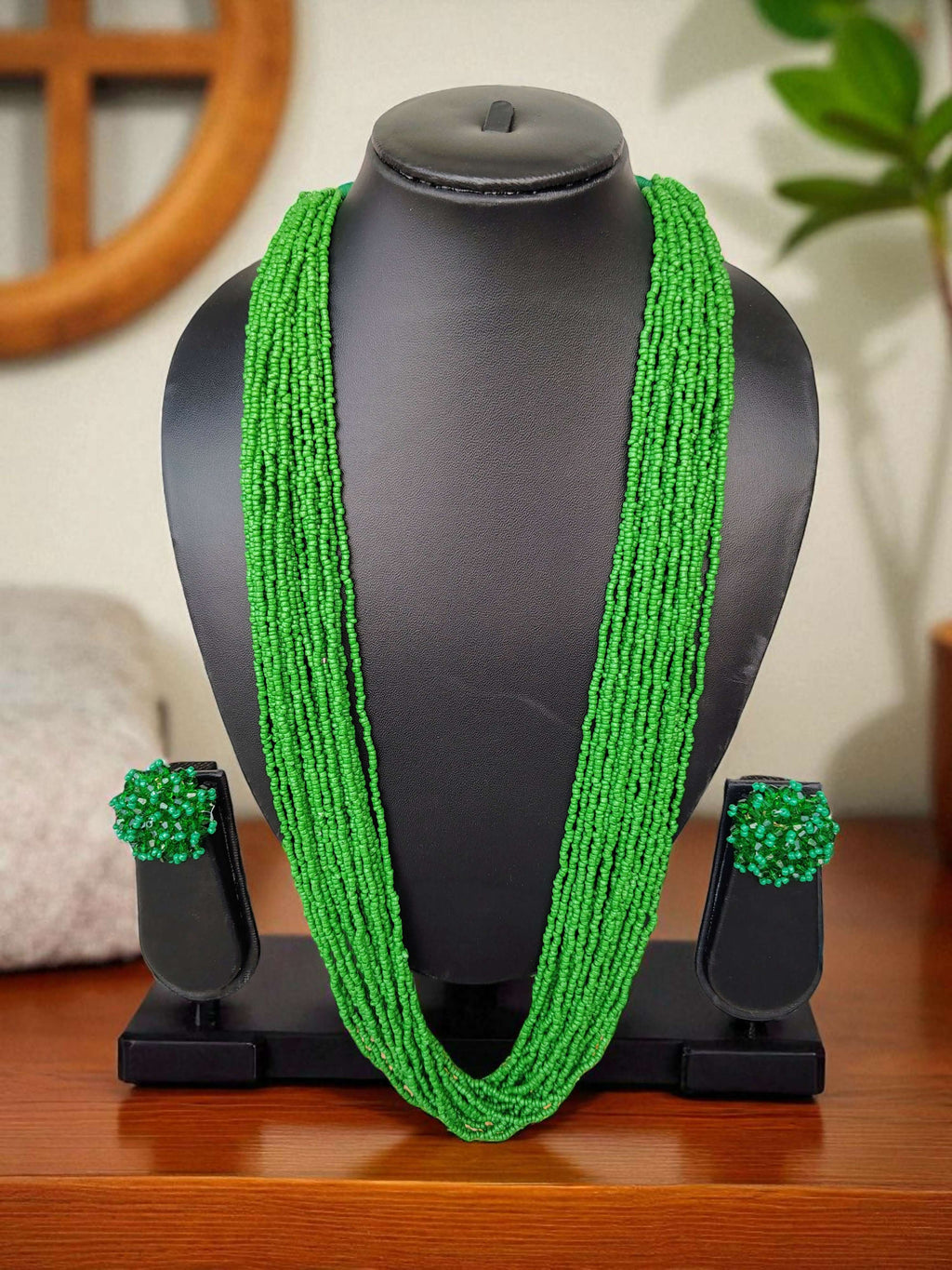 Inhanns Rangsaaz 20-Layer Luxe Long Beaded Necklace (With Optional Statement Earrings) - Green With Earring